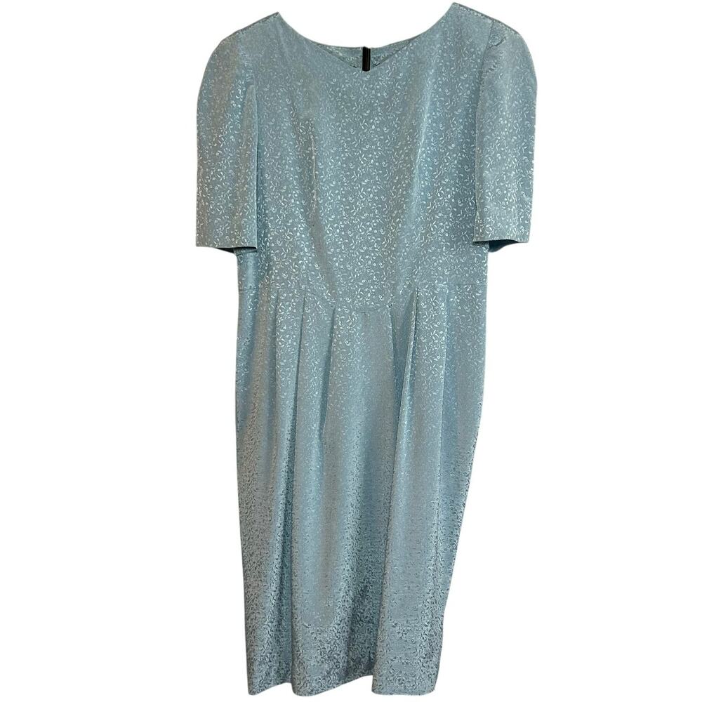 VTG 80s Basque Drop V Waist Floral Jacquard Midi Dress Blue Coquette Regencycore